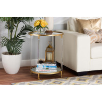 Baxton Studio JY20A151-ClearGold-ET Baxton Studio Aubrie Glam and Luxe Brushed Gold Finished Metal and Mirrored Glass Round Accent End Table with Acrylic Legs